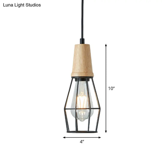 Rustic Iron Cage/Barn/Pot Shaped Pendant Light With Wood Socket - Black 1-Bulb Perfect For