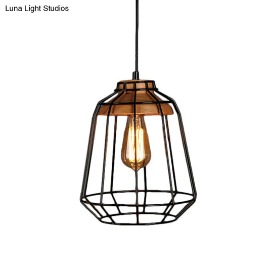 Rustic Iron Pendant Light - Black Cage/Barn/Pot Shaped 1 Bulb Restaurant Hanging Ceiling With Wood