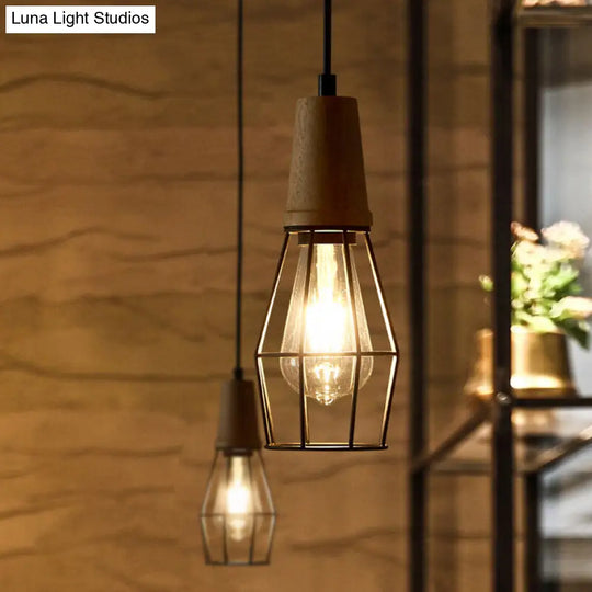 Rustic Iron Pendant Light - Black Cage/Barn/Pot Shaped 1 Bulb Restaurant Hanging Ceiling With Wood