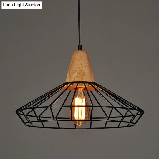 Rustic Iron Cage/Barn/Pot Shaped Pendant Light With Wood Socket - Black 1-Bulb Perfect For