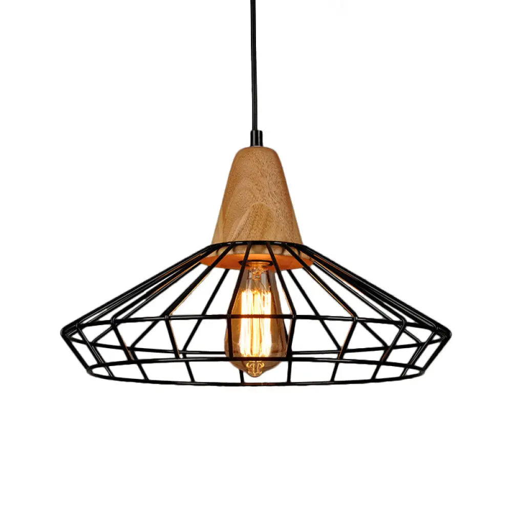 Rustic Iron Cage/Barn/Pot Shaped Pendant Light With Wood Socket - Black 1-Bulb Perfect For