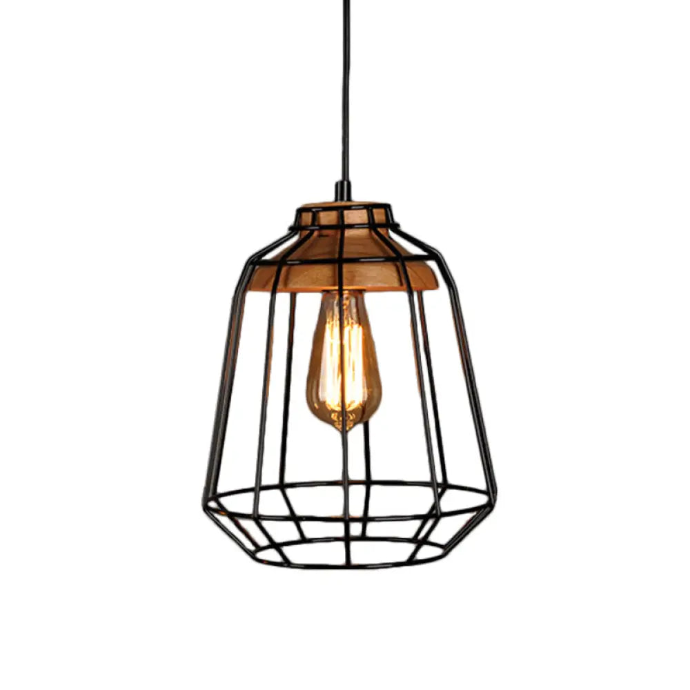 Rustic Iron Cage/Barn/Pot Shaped Pendant Light With Wood Socket - Black 1-Bulb Perfect For