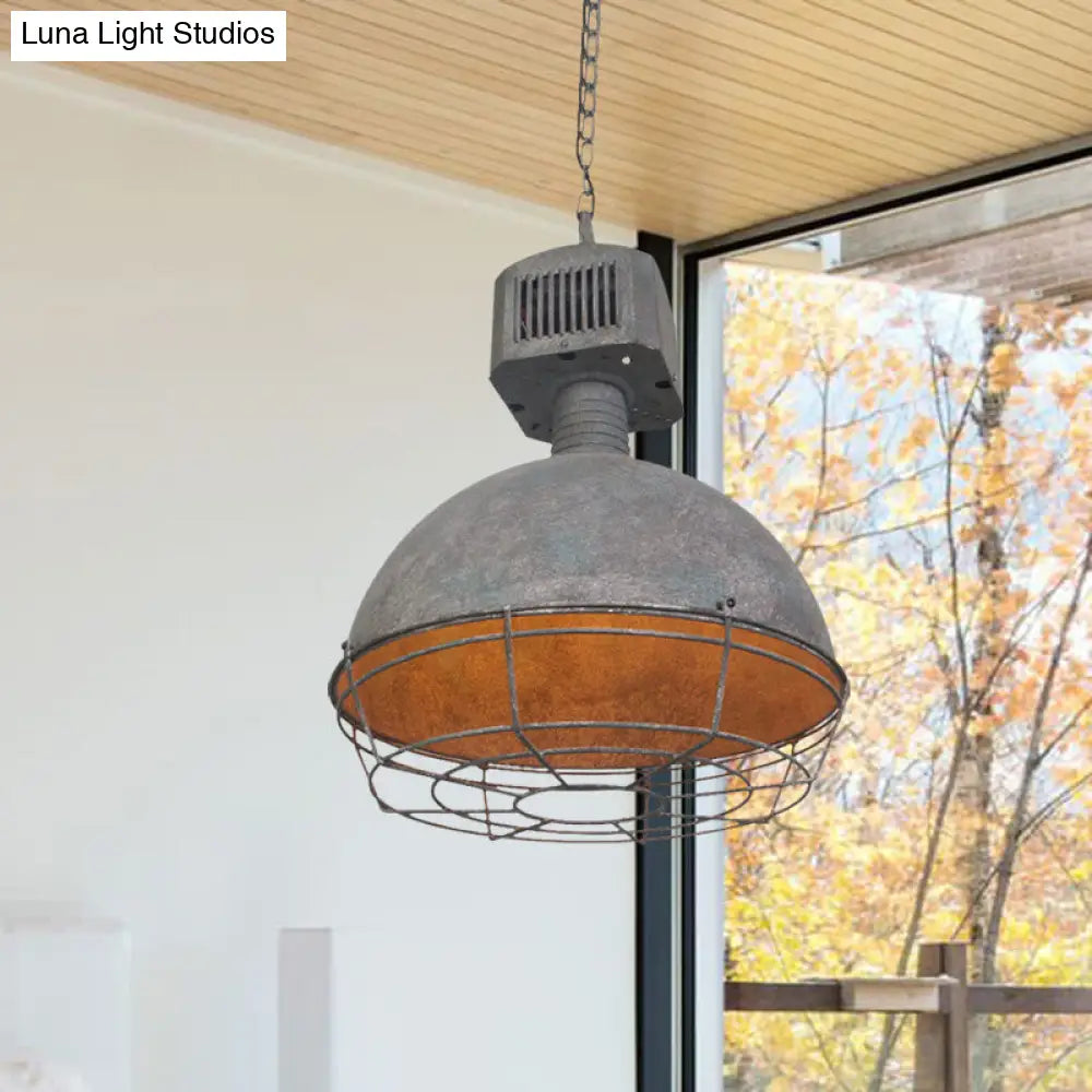 Rustic Iron Caged Pendant Lamp - Restaurant Hanging Light Kit 1 Grey Finish Suspended Design With