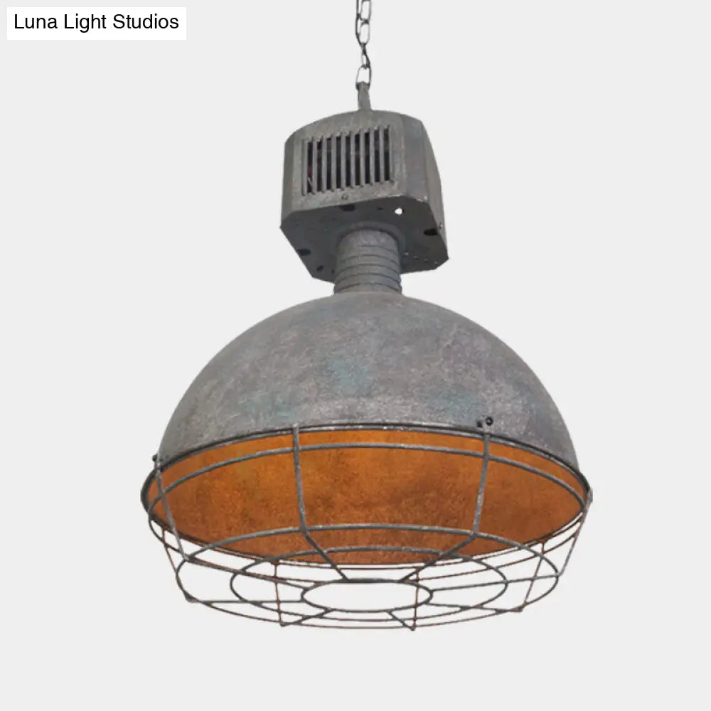 Rustic Iron Caged Pendant Lamp - Restaurant Hanging Light Kit 1 Grey Finish Suspended Design With