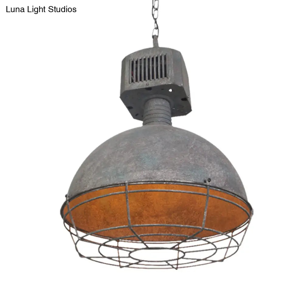 Rustic Iron Caged Restaurant Hanging Light – Grey Finish Pendant Lamp With Domed Shade