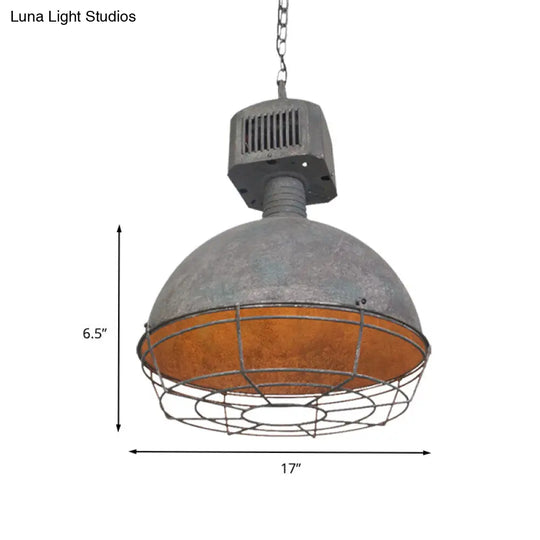 Rustic Iron Caged Pendant Lamp - Restaurant Hanging Light Kit 1 Grey Finish Suspended Design With