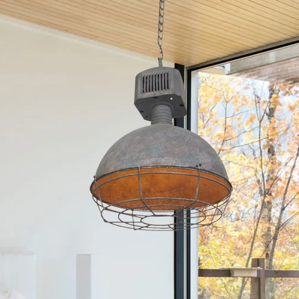Rustic Iron Caged Restaurant Hanging Light – Grey Finish Pendant Lamp With Domed Shade