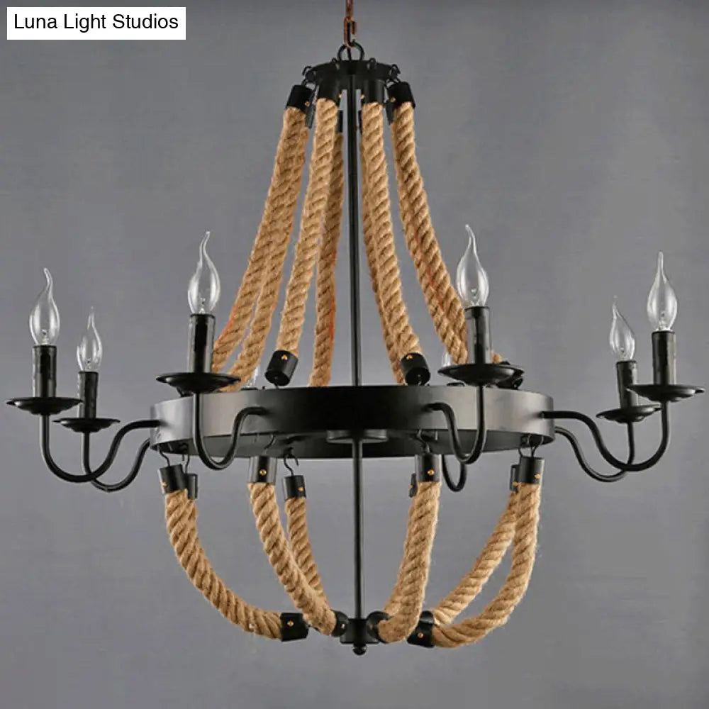 Rustic Iron Candlestick Chandelier With Hemp Rope - Flaxen Pendant Lighting For Living Room