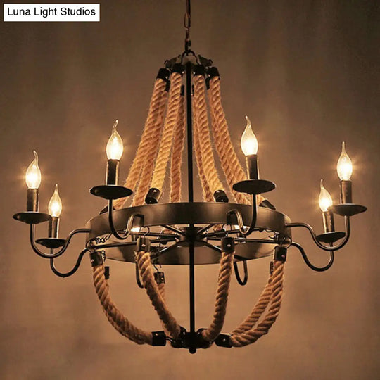 Rustic Iron Candlestick Chandelier With Hemp Rope - Flaxen Pendant Lighting For Living Room