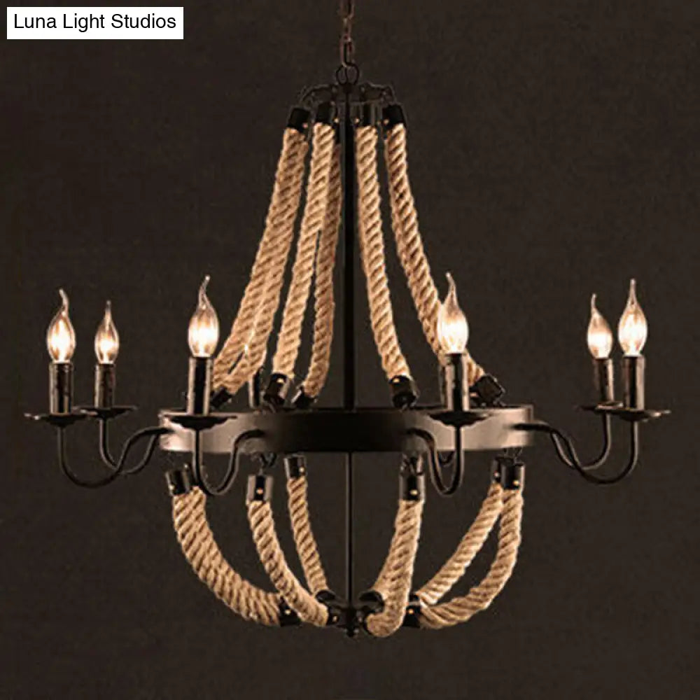 Rustic Iron Flaxen Candlestick Chandelier - Pendant Lighting With Hemp Rope For Living Room