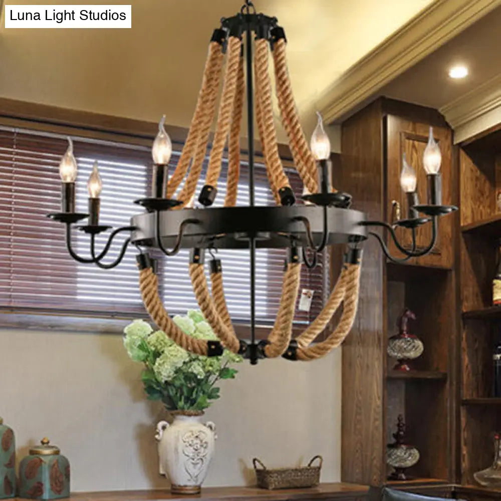 Rustic Iron Flaxen Candlestick Chandelier - Pendant Lighting With Hemp Rope For Living Room
