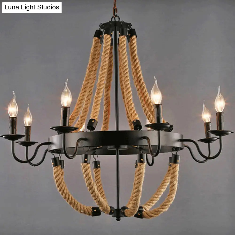 Rustic Iron Candlestick Chandelier With Hemp Rope - Flaxen Pendant Lighting For Living Room