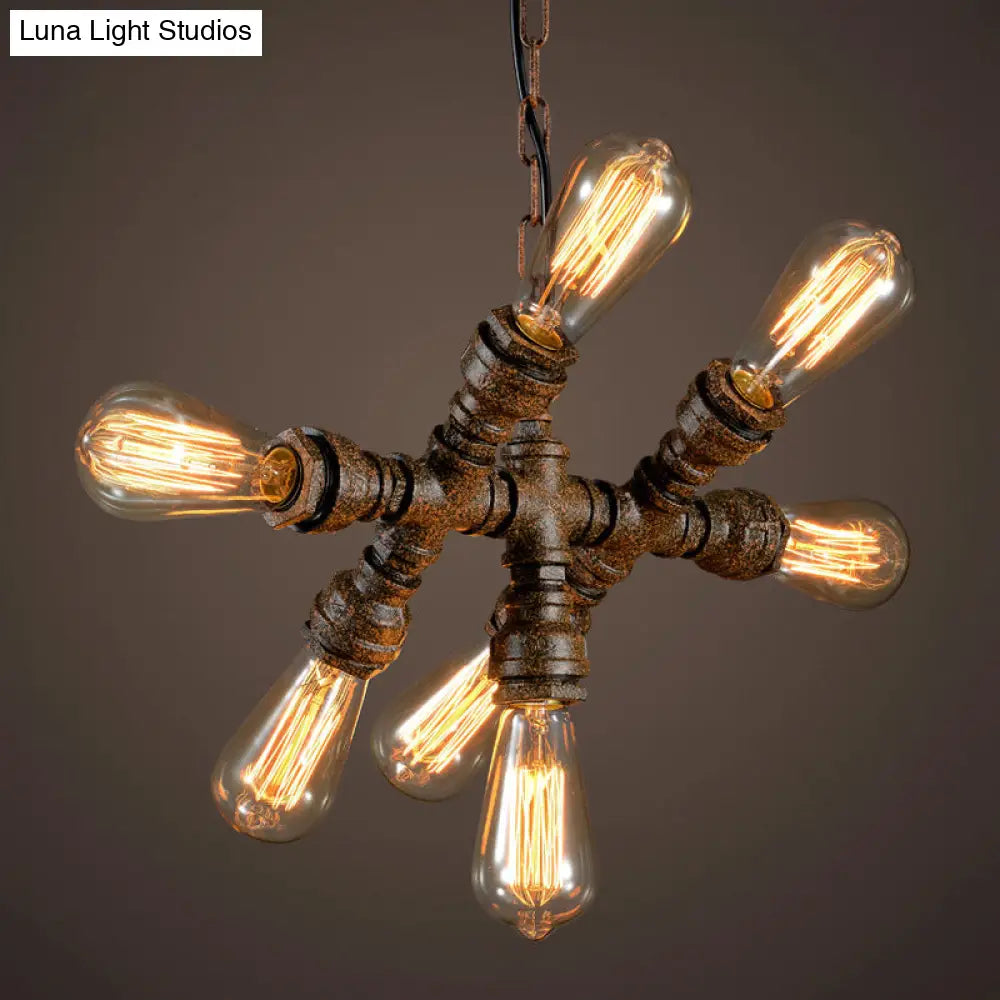 Rustic Iron Chandelier - 7-Light Warehouse Water Pipe Hanging Lamp For Bistro Lighting