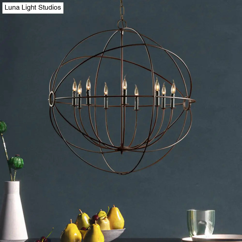 Antique Style Spherical Chandelier With Cage Shade - Iron Ceiling Pendant Lighting In Rust