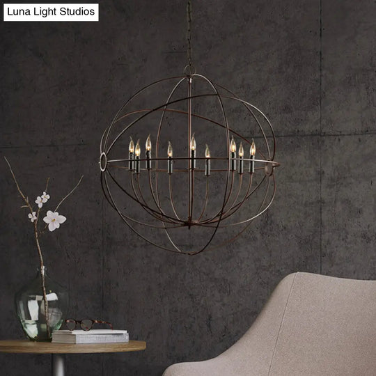 Antique Style Spherical Chandelier With Cage Shade - Iron Ceiling Pendant Lighting In Rust