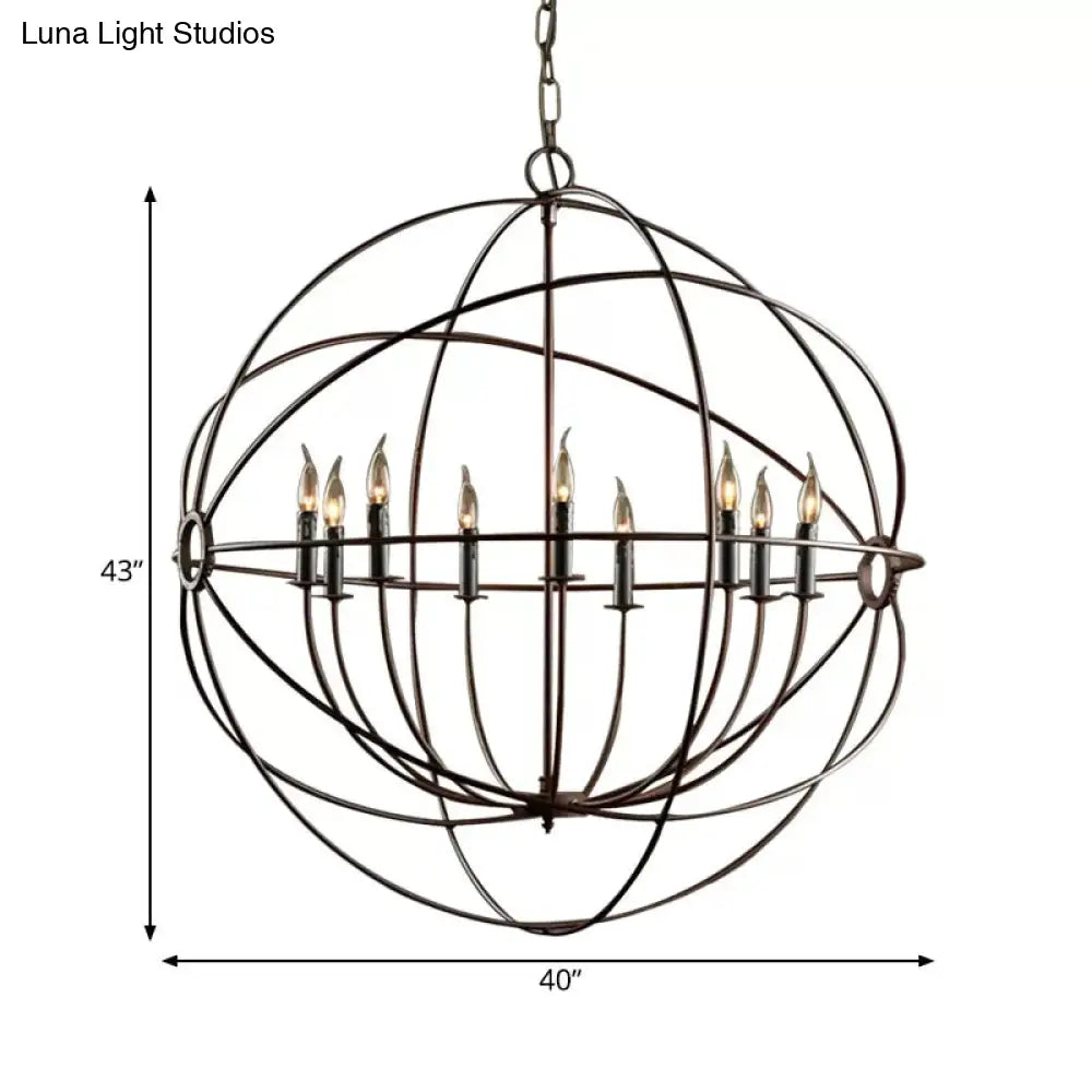 Antique Style Spherical Chandelier With Cage Shade - Iron Ceiling Pendant Lighting In Rust