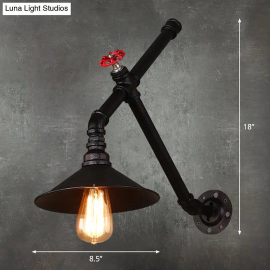 Rustic Iron Cone Wall Lamp - Water Valve Restaurant Light With 1 Bulb In Black