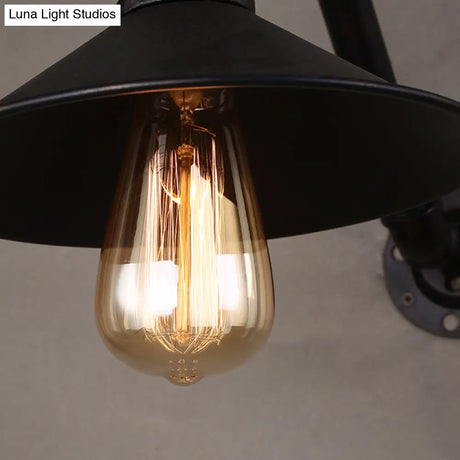 Rustic Iron Cone Wall Lamp - Water Valve Restaurant Light With 1 Bulb In Black