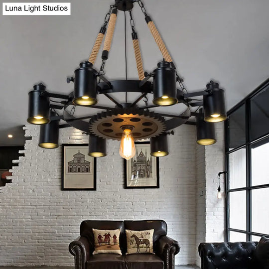 Rustic Iron Cylinder Chandelier: 9-Head Black Rope Ceiling Light With Gear Deco - Living Room