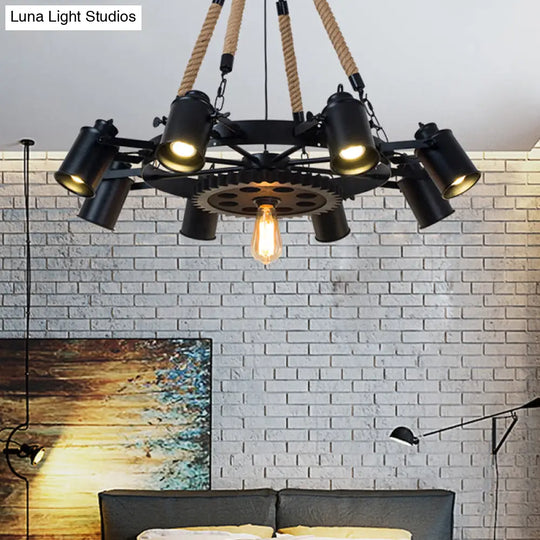 Rustic Iron Cylinder Chandelier With 9 Black Rope Heads And Gear Deco For Living Room Ceiling