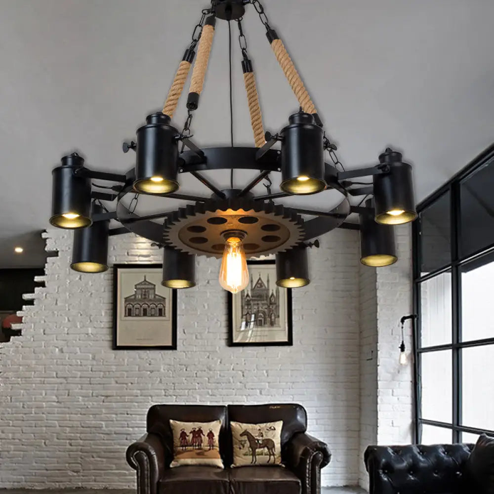Rustic Iron Cylinder Chandelier With 9 Black Rope Heads And Gear Deco For Living Room Ceiling