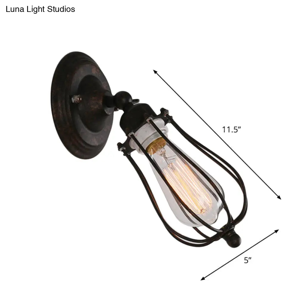 Rustic Iron Farmhouse Wall Lamp - Pear Shape Single-Bulb Bedside Light Kit Rotatable Fixture