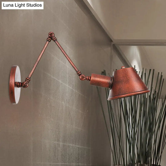 Rustic Iron Finish Swing Arm Wall Sconce With Bell Shade - Farmhouse Style 1-Light Mount Fixture