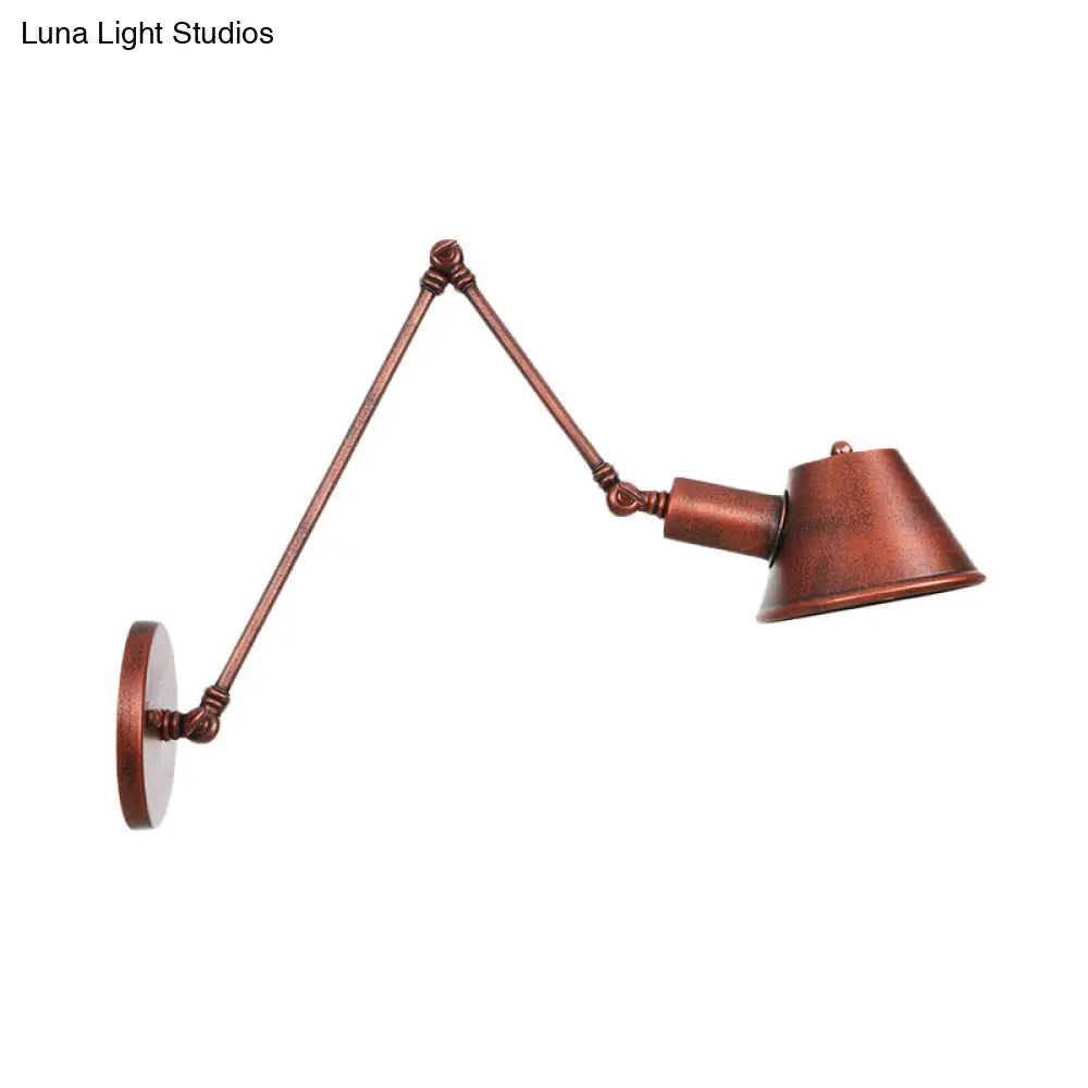 Rustic Iron Finish Swing Arm Wall Sconce With Bell Shade - Farmhouse Style 1-Light Mount Fixture