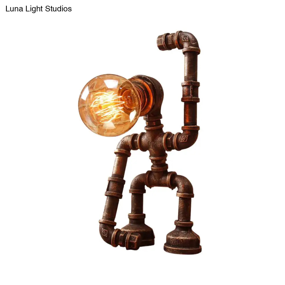 Rustic Iron Hand-Raising Robot Farmhouse Nightstand Lamp With Table Light