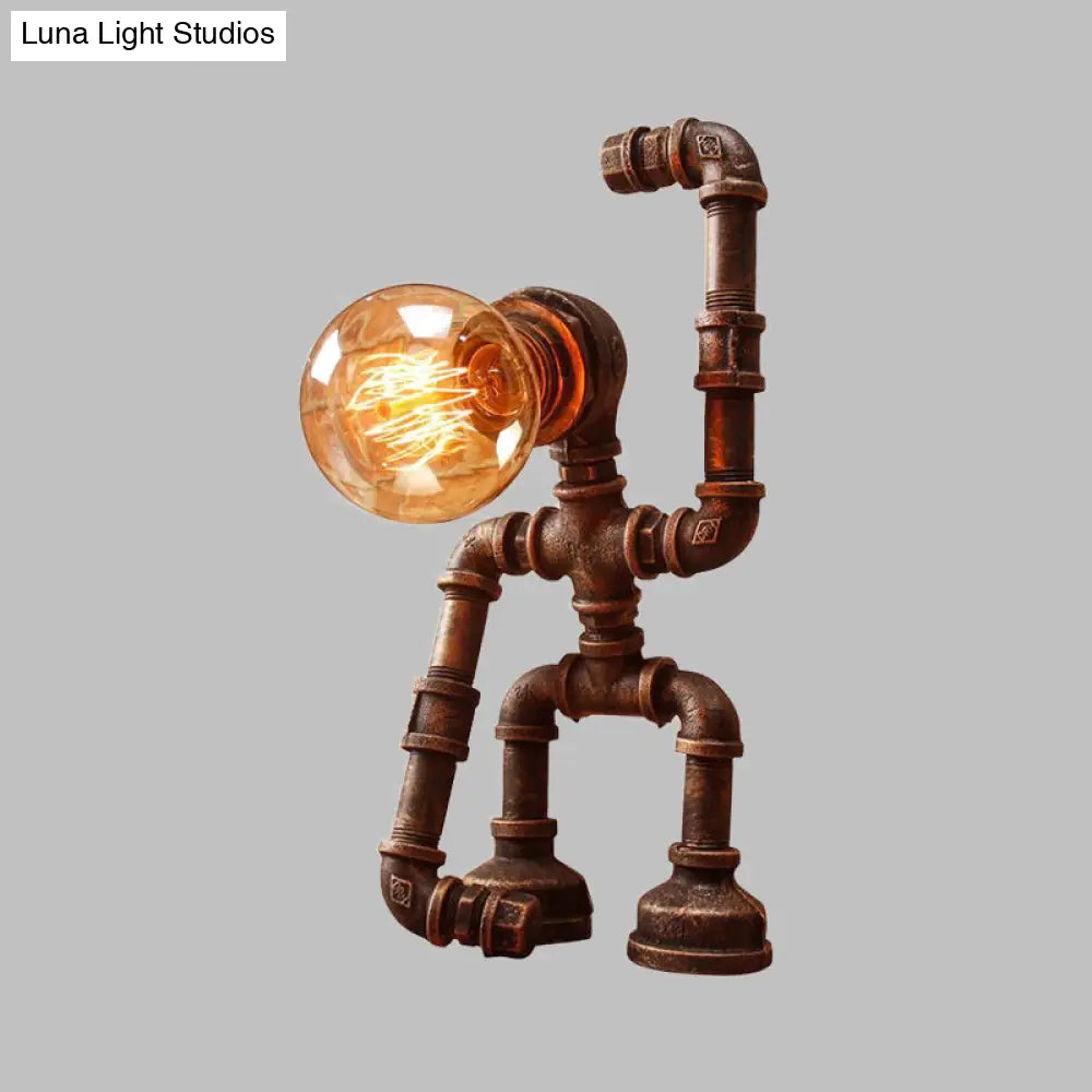 Rustic Iron Hand-Raising Robot Farmhouse Nightstand Lamp With Table Light