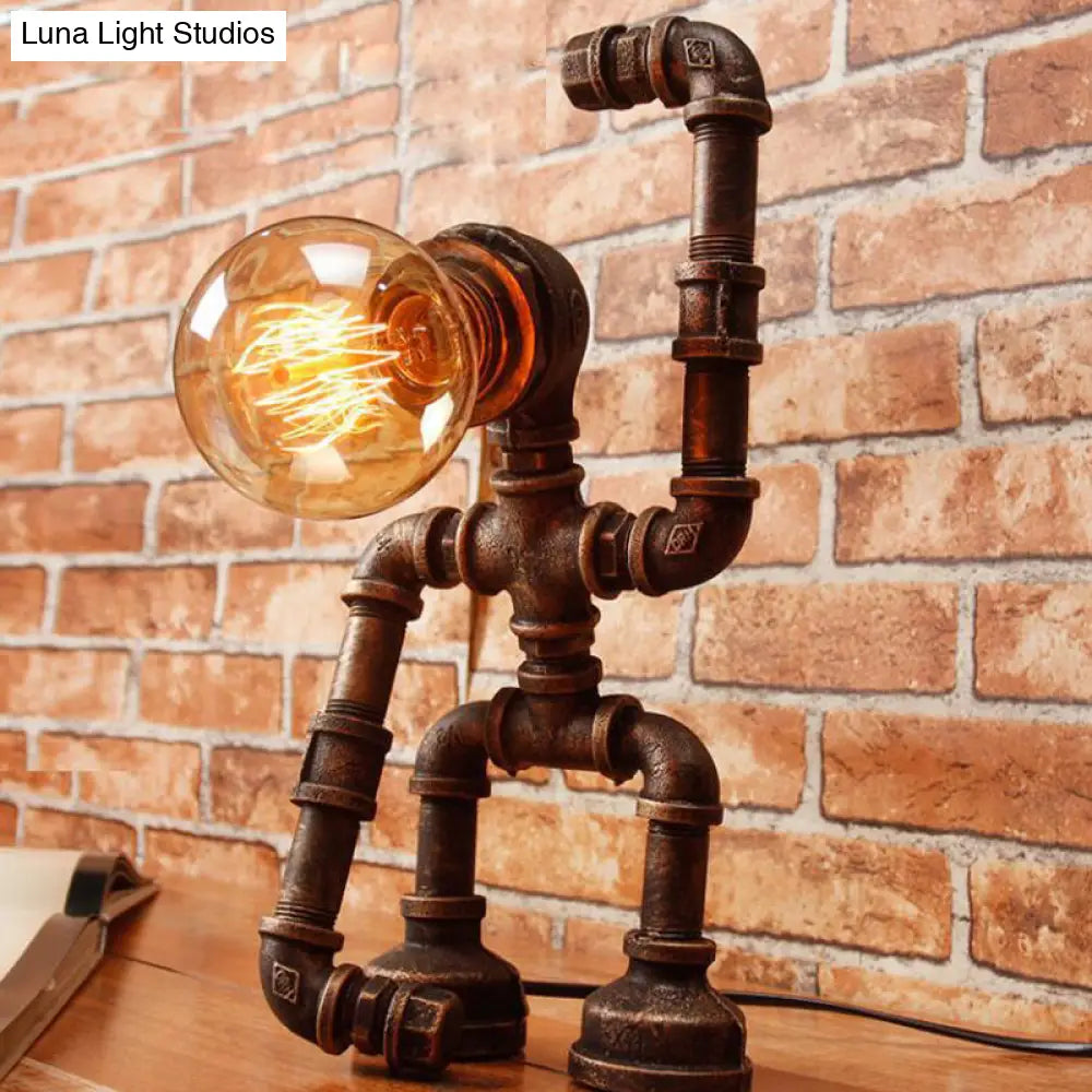 Rustic Iron Hand-Raising Robot Farmhouse Nightstand Lamp With Table Light