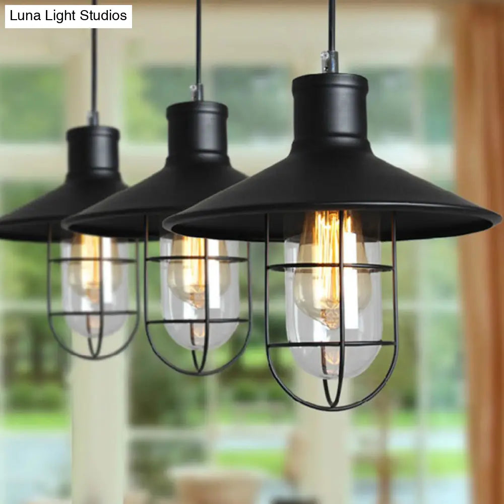 Rustic Iron Saucer Dining Room Pendulum Light - Black Pendant Lamp With 2 Extra Shade Guards
