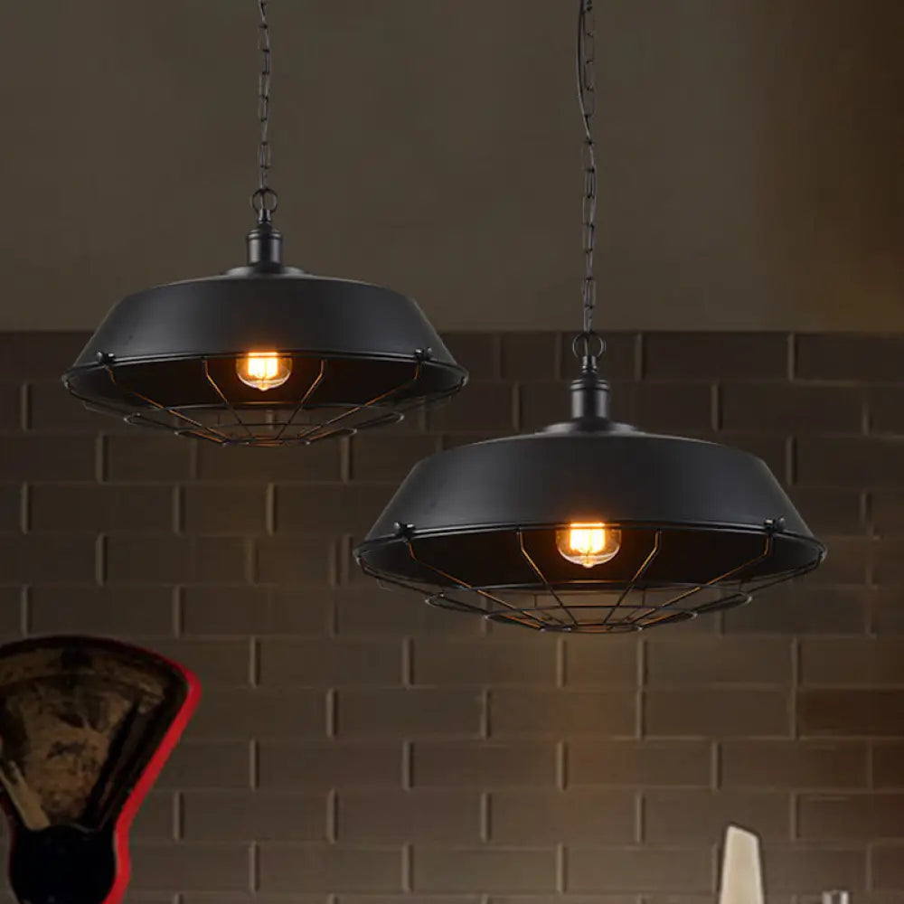 Rustic Iron Suspension Light: Vintage Pot Lid Shaped Pendant Lamp For Restaurants Black / Small