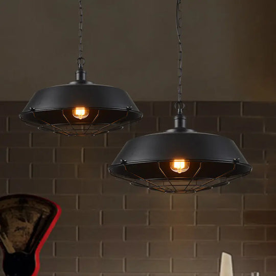 Rustic Iron Suspension Light: Vintage Pot Lid Shaped Pendant Lamp For Restaurants Black / Small