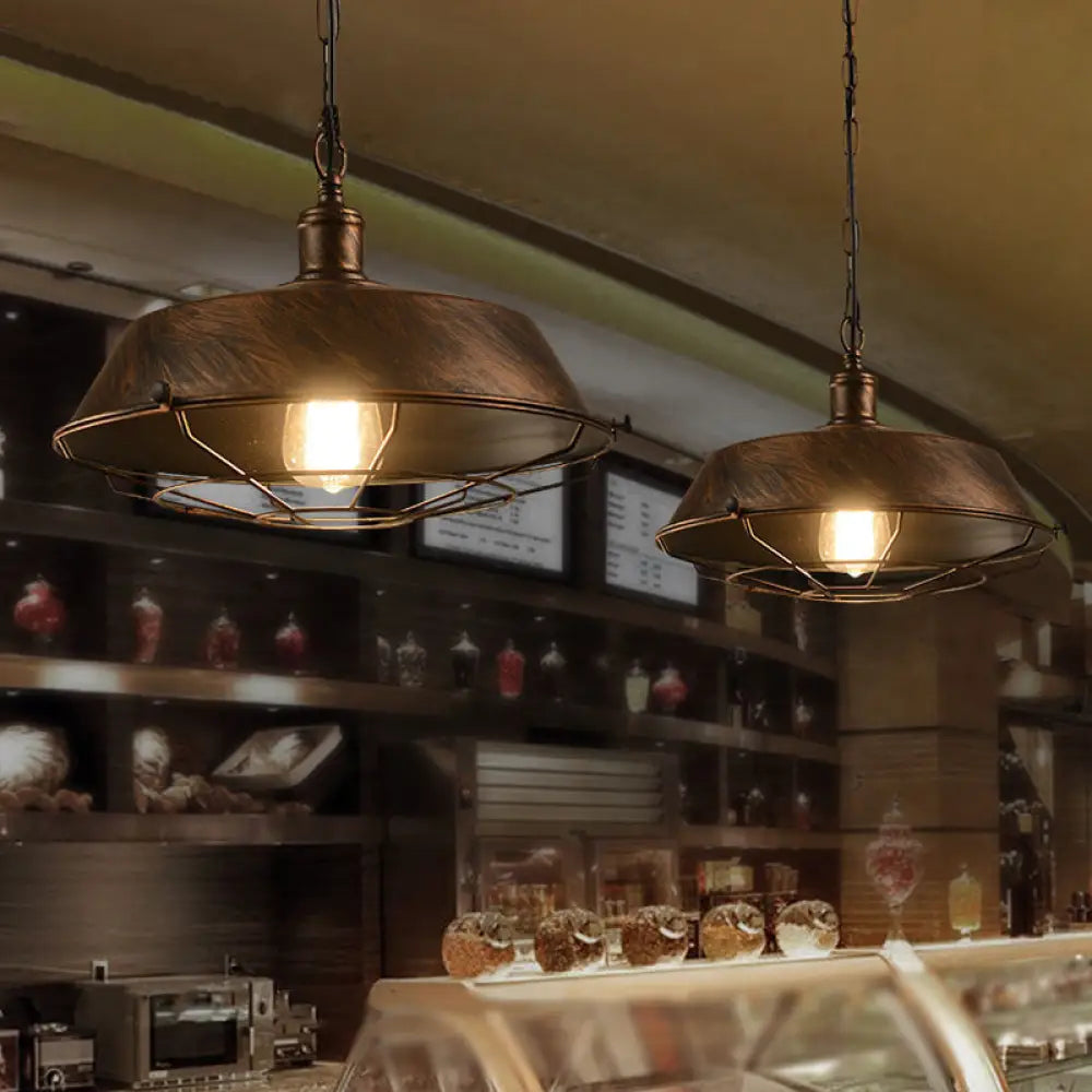 Rustic Iron Suspension Light: Vintage Pot Lid Shaped Pendant Lamp For Restaurants Brass / Small