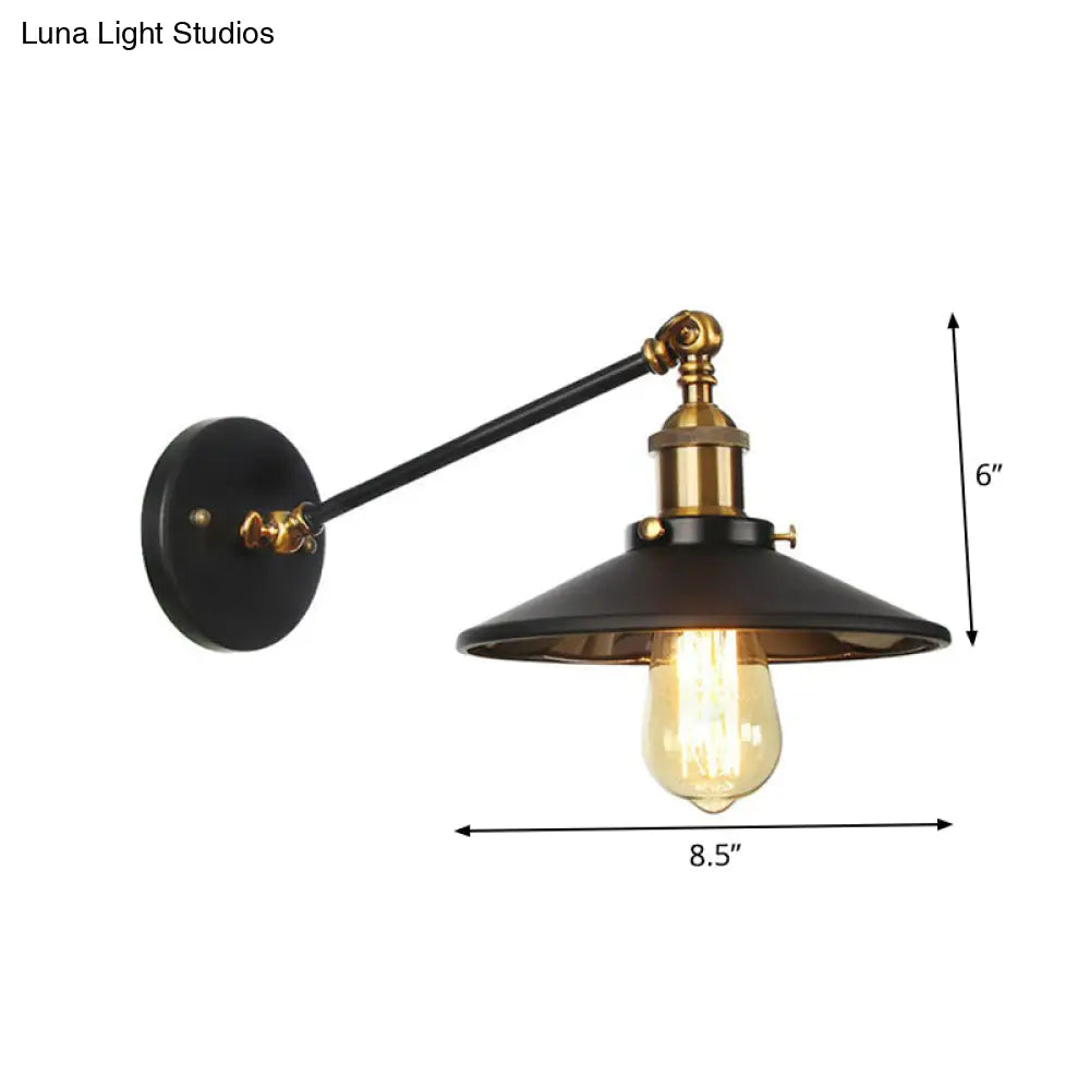 Rustic Iron Swing Arm Kitchen Wall Lamp - Horn/Flared/Scalloped Design Single-Bulb Black Finish