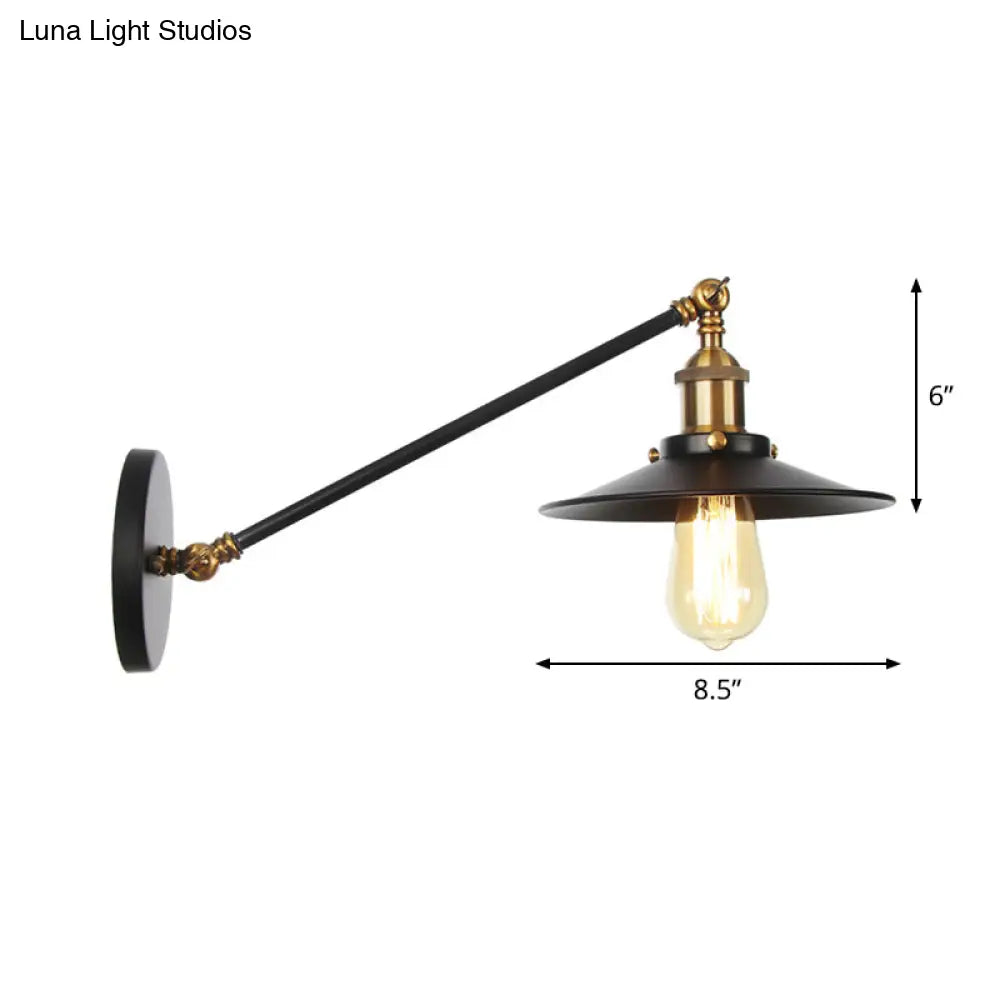 Rustic Iron Swing Arm Kitchen Wall Lamp - Horn/Flared/Scalloped Design Single-Bulb Black Finish