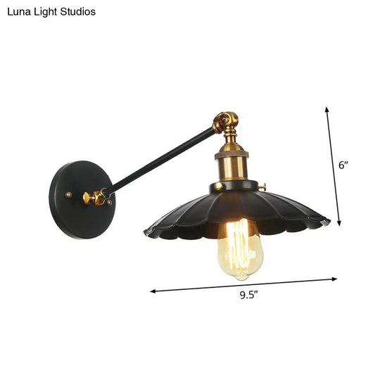 Rustic Iron Swing Arm Kitchen Wall Lamp - Horn/Flared/Scalloped Design Single-Bulb Black Finish