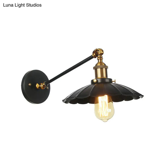 Rustic Iron Swing Arm Kitchen Wall Lamp - Horn/Flared/Scalloped Design Single-Bulb Black Finish