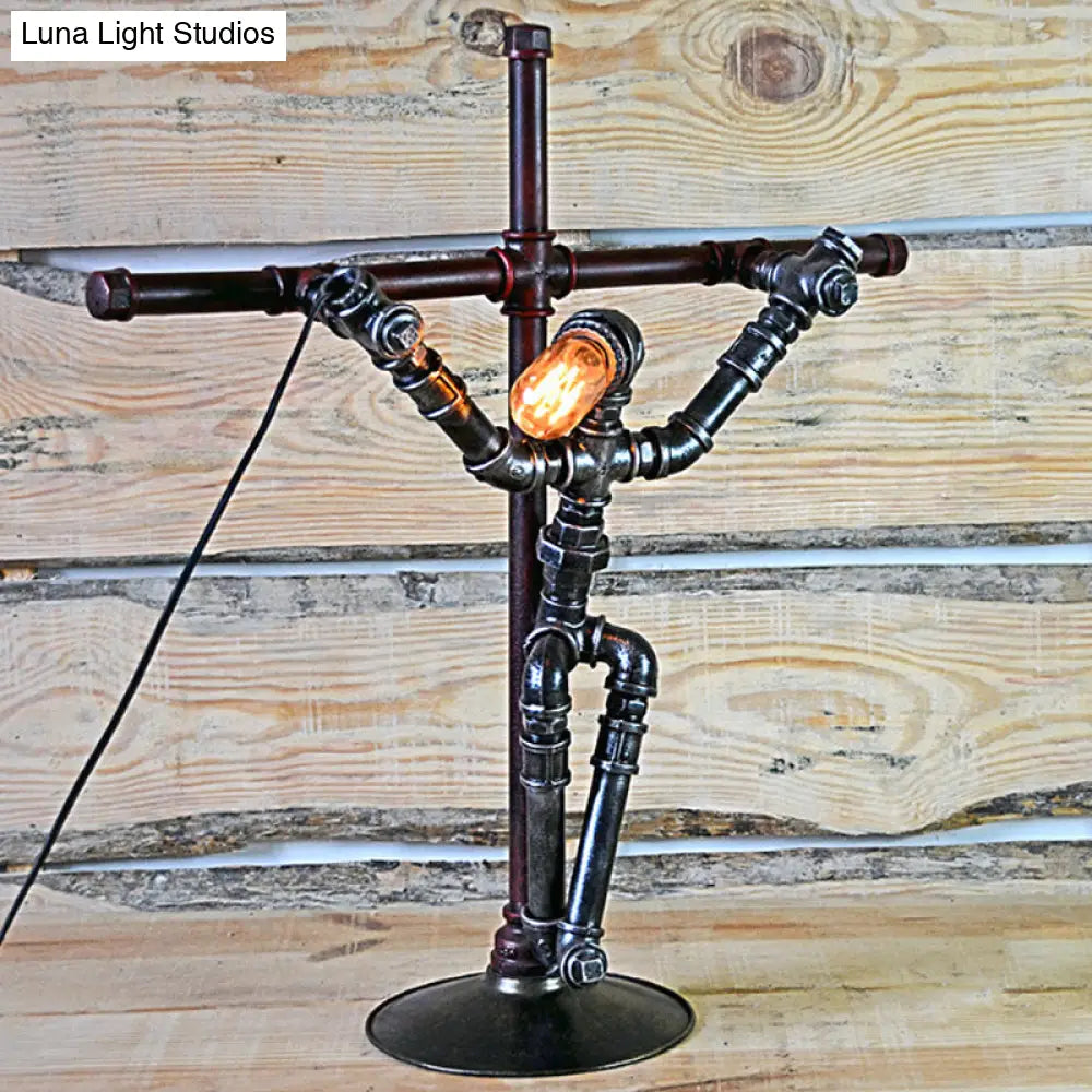 Rustic Iron Table Lamp - Stylish Aged Silver Water Pipe Indoor Lighting With Robot Design