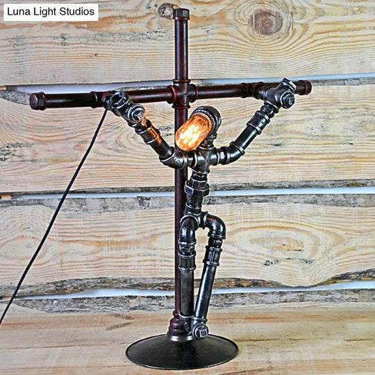 Rustic Iron Table Lamp - Stylish Aged Silver Water Pipe Indoor Lighting With Robot Design