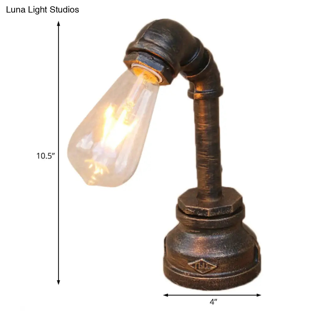 Rustic Iron Table Lamp With Antique Bronze Finish - Exposed Bulb Bedroom Lighting Pipe Design