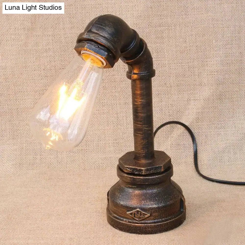 Rustic Iron Table Lamp With Antique Bronze Finish - Exposed Bulb Bedroom Lighting Pipe Design