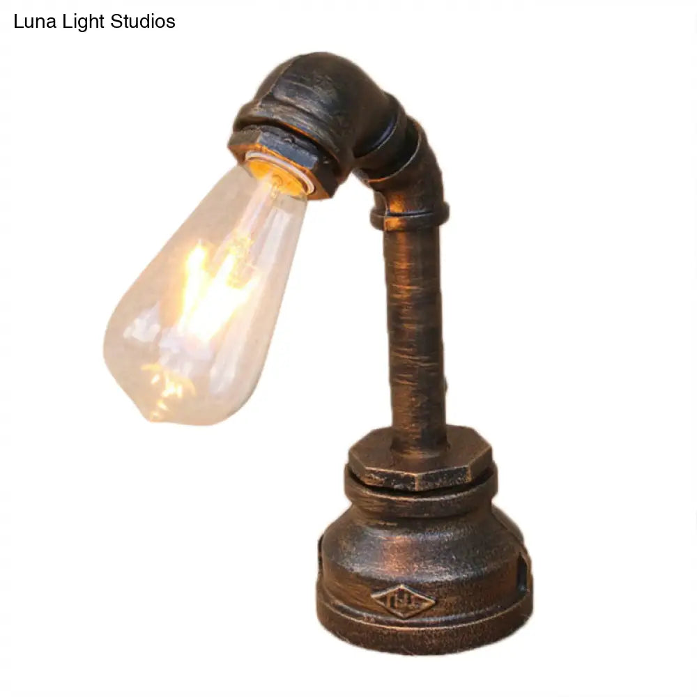 Rustic Iron Table Lamp With Antique Bronze Finish - Exposed Bulb Bedroom Lighting Pipe Design