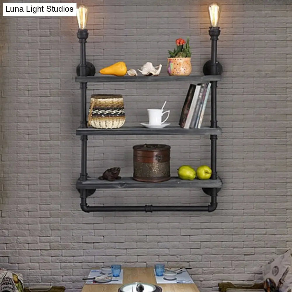 Rustic Iron Wall Lamp With Water Pipe Shelf For Restaurants - Black Finish