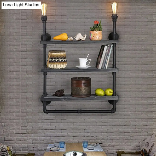 Rustic Iron Wall Lamp With Water Pipe Shelf For Restaurants - Black Finish