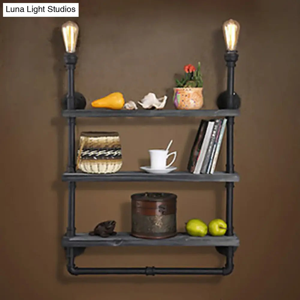 Rustic Iron Wall Lamp With Water Pipe Shelf For Restaurants - Black Finish