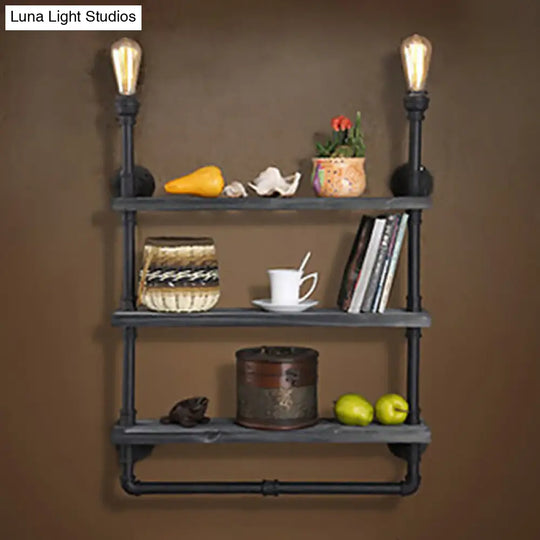 Rustic Iron Wall Lamp With Water Pipe Shelf For Restaurants - Black Finish