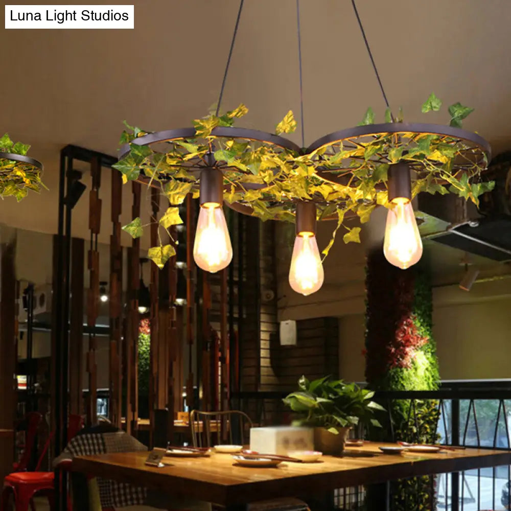 Rustic Iron Hanging Chandelier - Black Wheel Design Pendant Lighting Fixture For Restaurants And