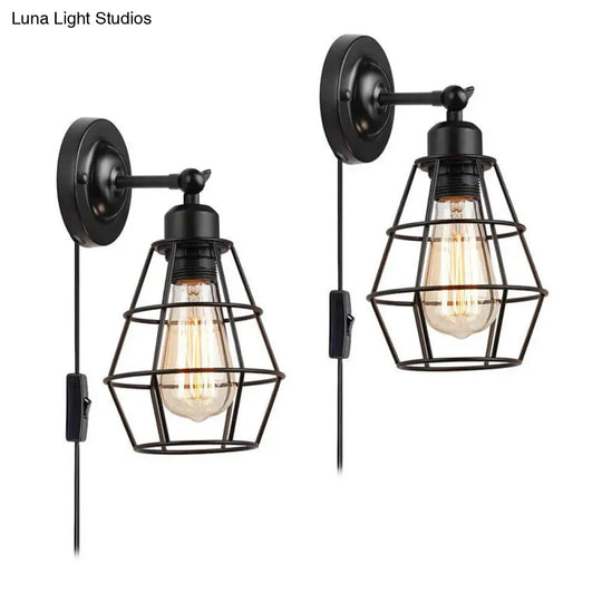 Rustic Iron Wire Cage Rotating Wall Lamp With 1 Light For Bedroom Reading - Black (With/Without